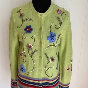 Breckenridge Women’s Green Floral Embroidered Sweater Cardigan | Petite M